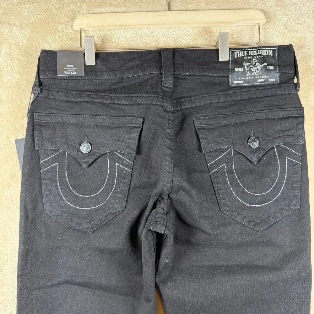 True Religion NWT Ricky Relaxed Straight Black Denim Jeans Mens 33X32‎